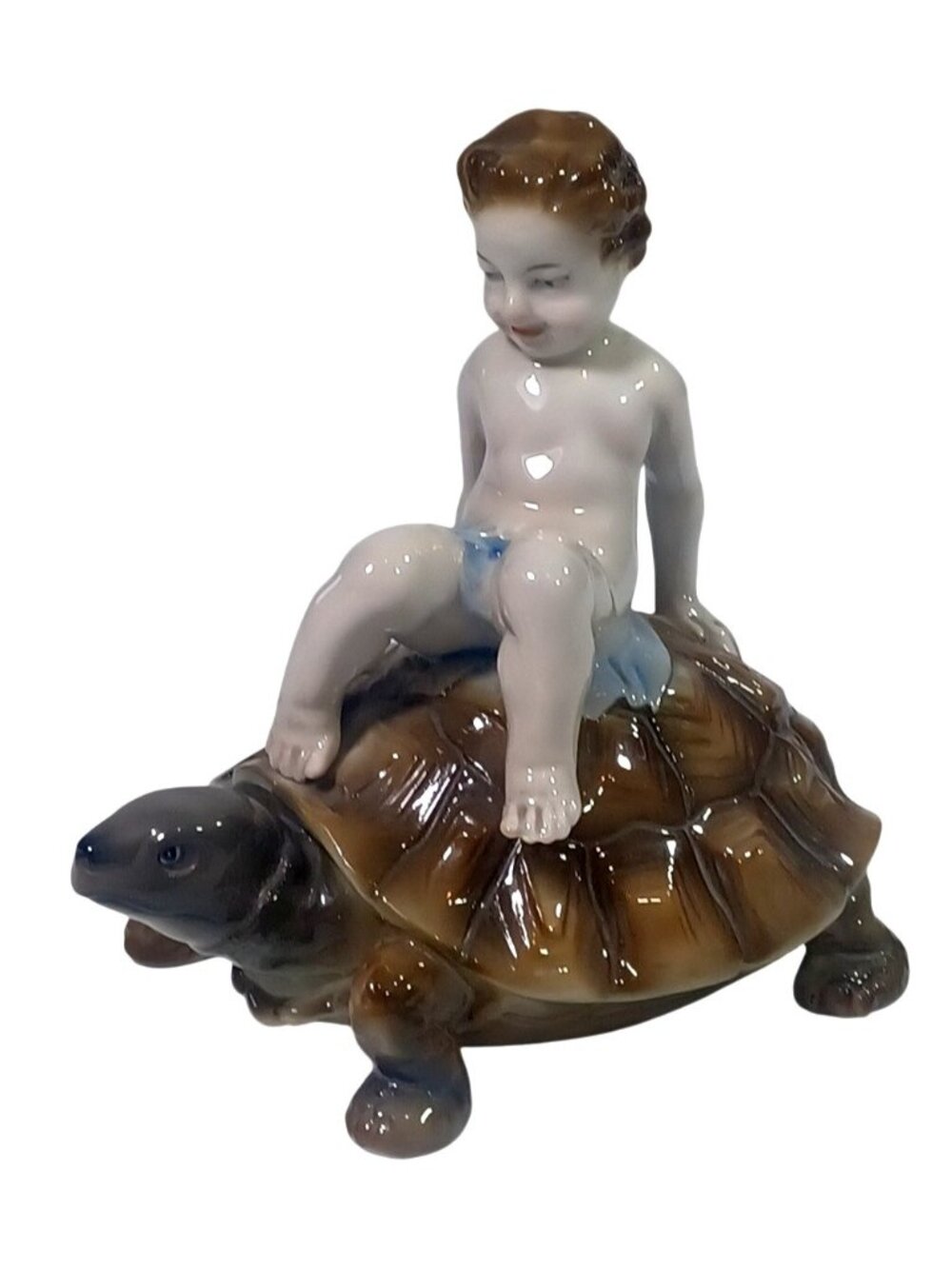 Rare Antique AVP Unterweissbach Volkstedter Baby Boy Riding Turtle Porcelain  Fi